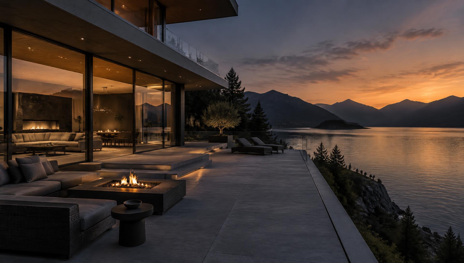 Modern waterfront residence with an expansive deck at dusk (illustrative)